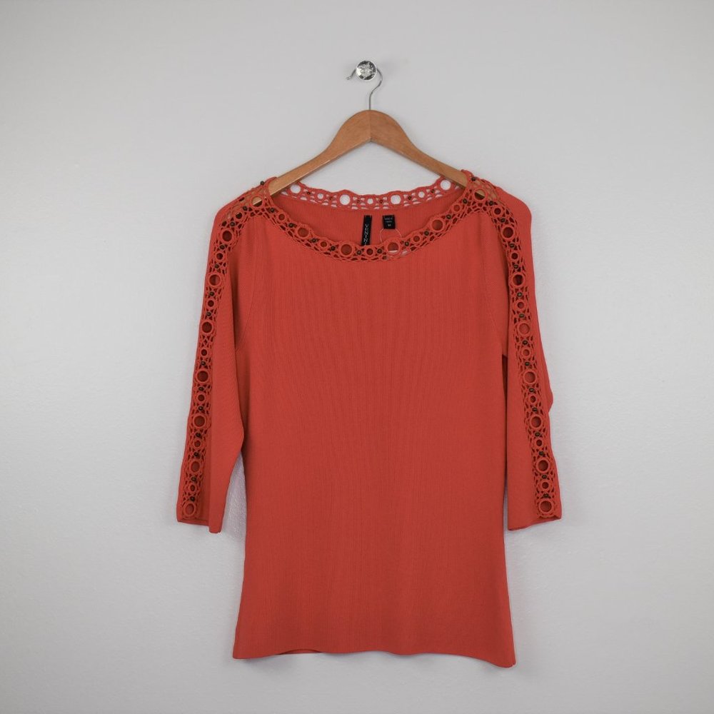 Venini Women's Crochet Beaded Boat Neck Knit Top M Orange Open Sleeve Boho Indie